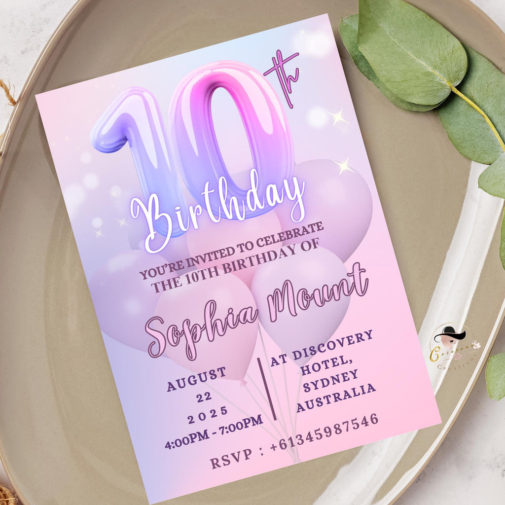 Digital 10th Birthday Invitation Pink Purple 10th Birthday Dinner invite, Tenth Birthday party card Printable Double Digit Editable Template