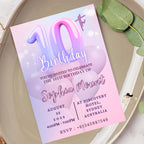 Digital 10th Birthday Invitation Pink Purple 10th Birthday Dinner invite, Tenth Birthday party card Printable Double Digit Editable Template
