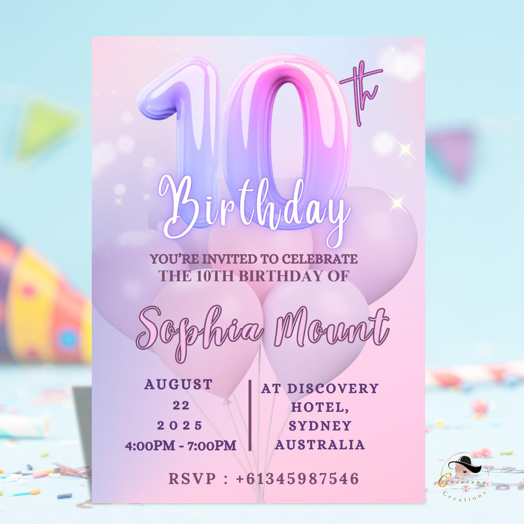 Digital 10th Birthday Invitation Pink Purple 10th Birthday Dinner invite, Tenth Birthday party card Printable Double Digit Editable Template