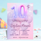 Digital 10th Birthday Invitation Pink Purple 10th Birthday Dinner invite, Tenth Birthday party card Printable Double Digit Editable Template