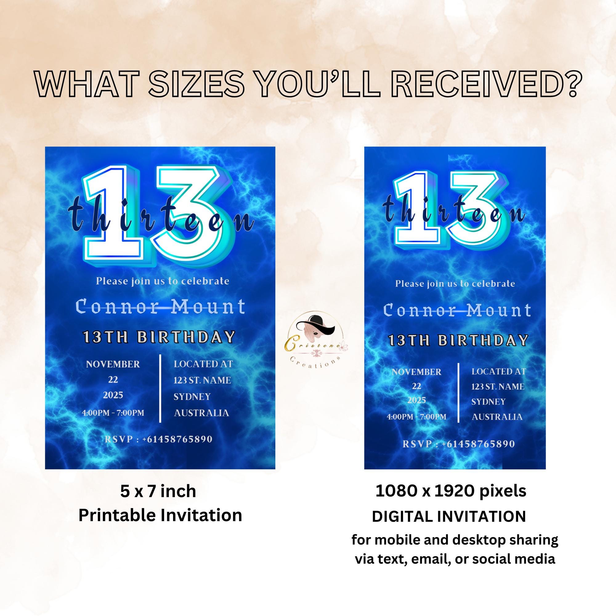 Blue 13th Birthday Boy Invite, Digital Thirteen Birthday Party Teen Boy Invitation, 13th Official Teenager Printable Card, Instant Download