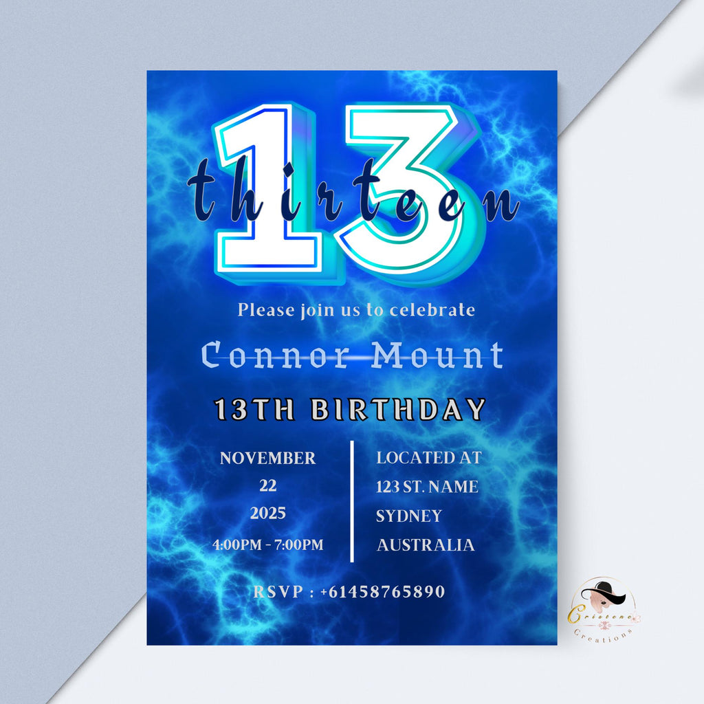 Blue 13th Birthday Boy Invite, Digital Thirteen Birthday Party Teen Boy Invitation, 13th Official Teenager Printable Card, Instant Download