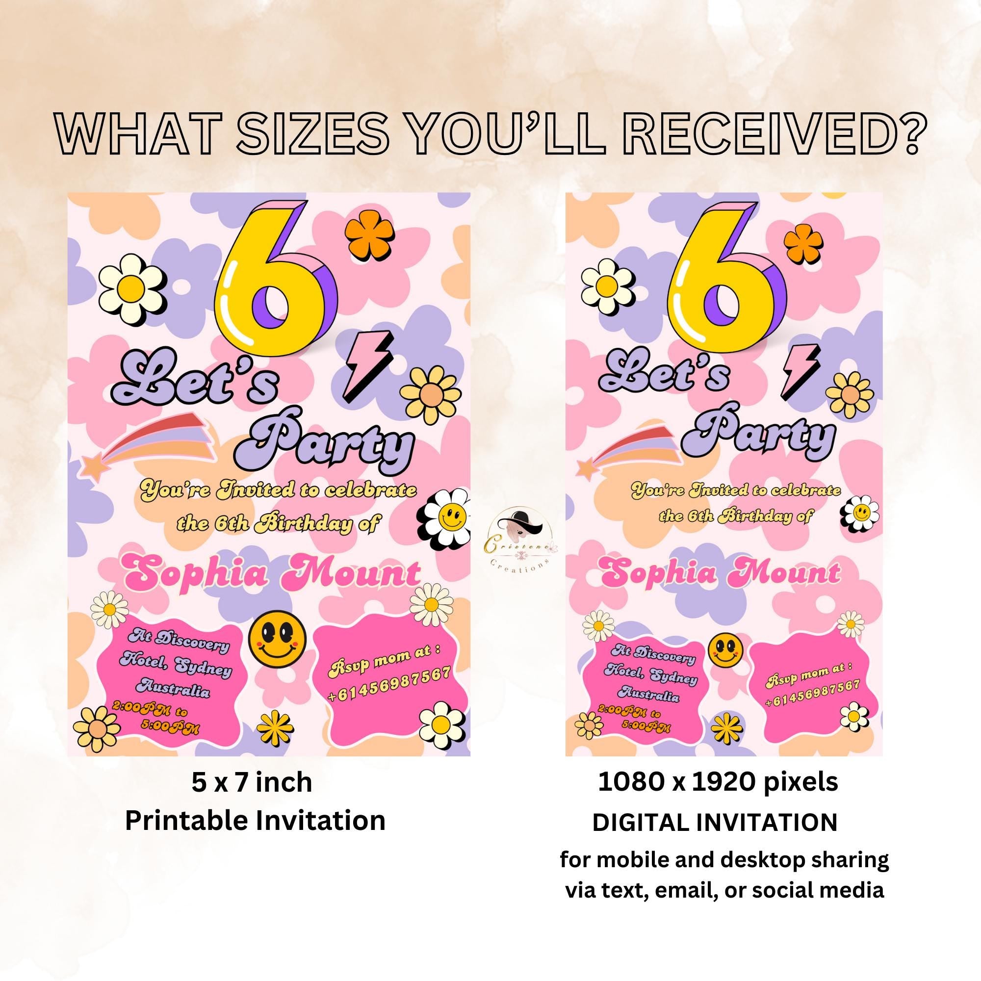 6th Birthday Invitations Card Template, Girl Digital Party Invite, Printable Flower Theme in Pink Purple, Sweet Six Birthday for 6 Years Old