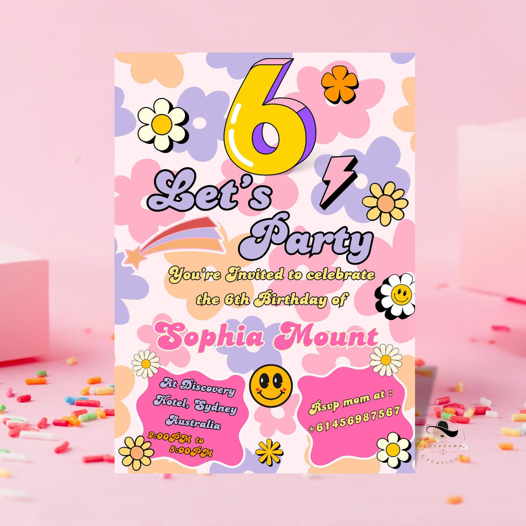 6th Birthday Invitations Card Template, Girl Digital Party Invite, Printable Flower Theme in Pink Purple, Sweet Six Birthday for 6 Years Old