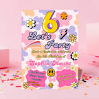 6th Birthday Invitations Card Template, Girl Digital Party Invite, Printable Flower Theme in Pink Purple, Sweet Six Birthday for 6 Years Old