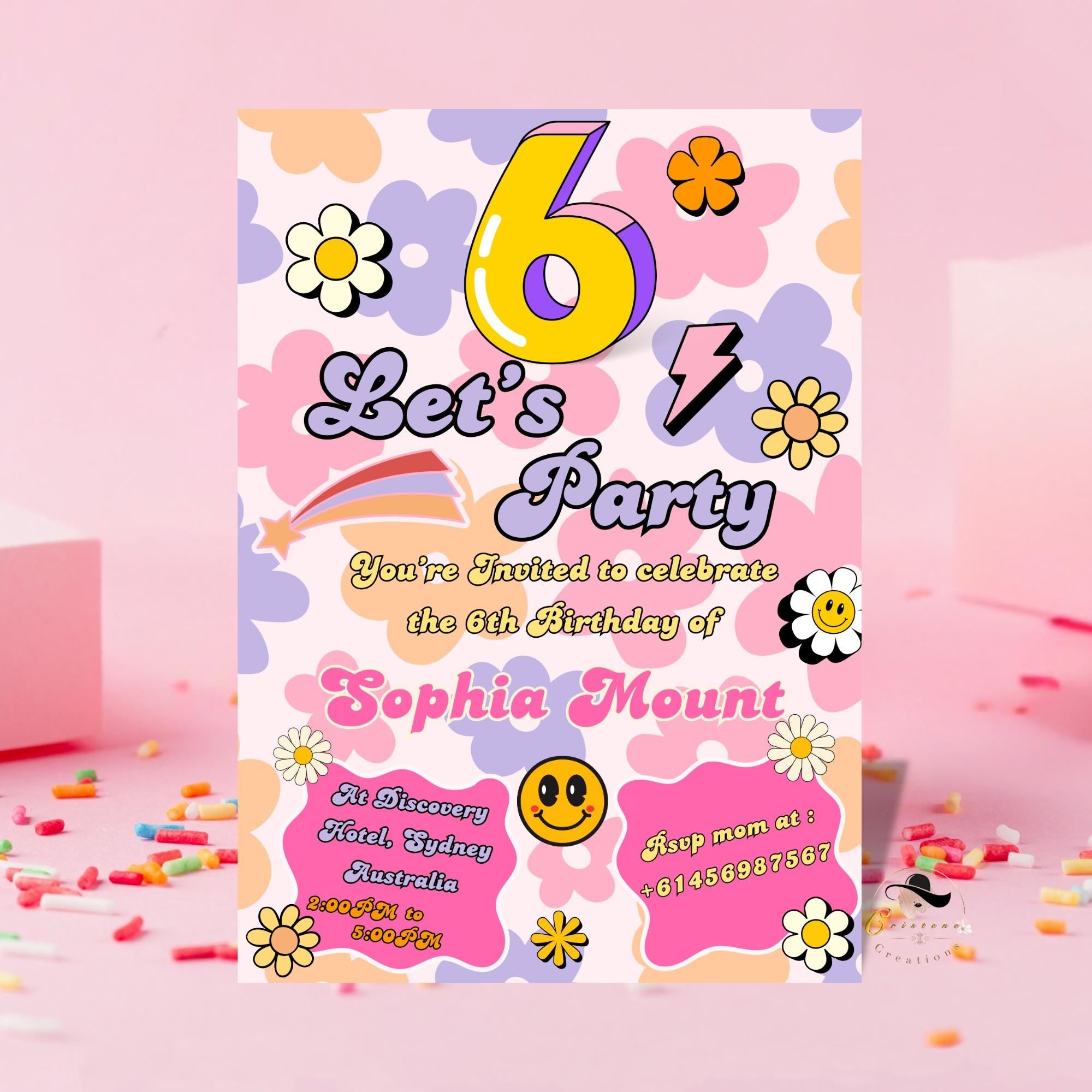6th Birthday Invitations Card Template, Girl Digital Party Invite, Printable Flower Theme in Pink Purple, Sweet Six Birthday for 6 Years Old