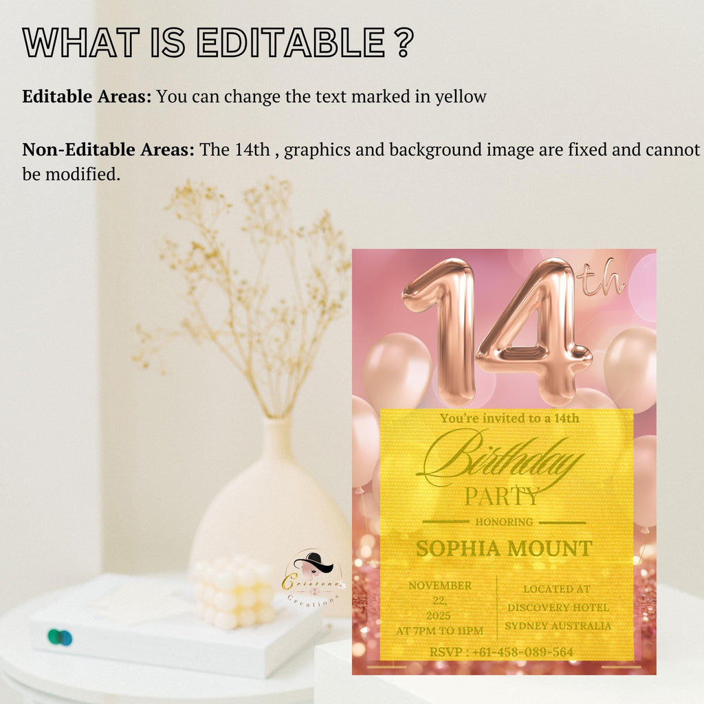 Rose gold 14th Birthday Invitation Card, Printable and Digital Fourteen Birthday Dinner Party, Editable Pink Template for Teenager Girl