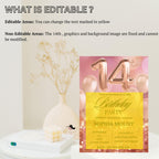 Rose gold 14th Birthday Invitation Card, Printable and Digital Fourteen Birthday Dinner Party, Editable Pink Template for Teenager Girl