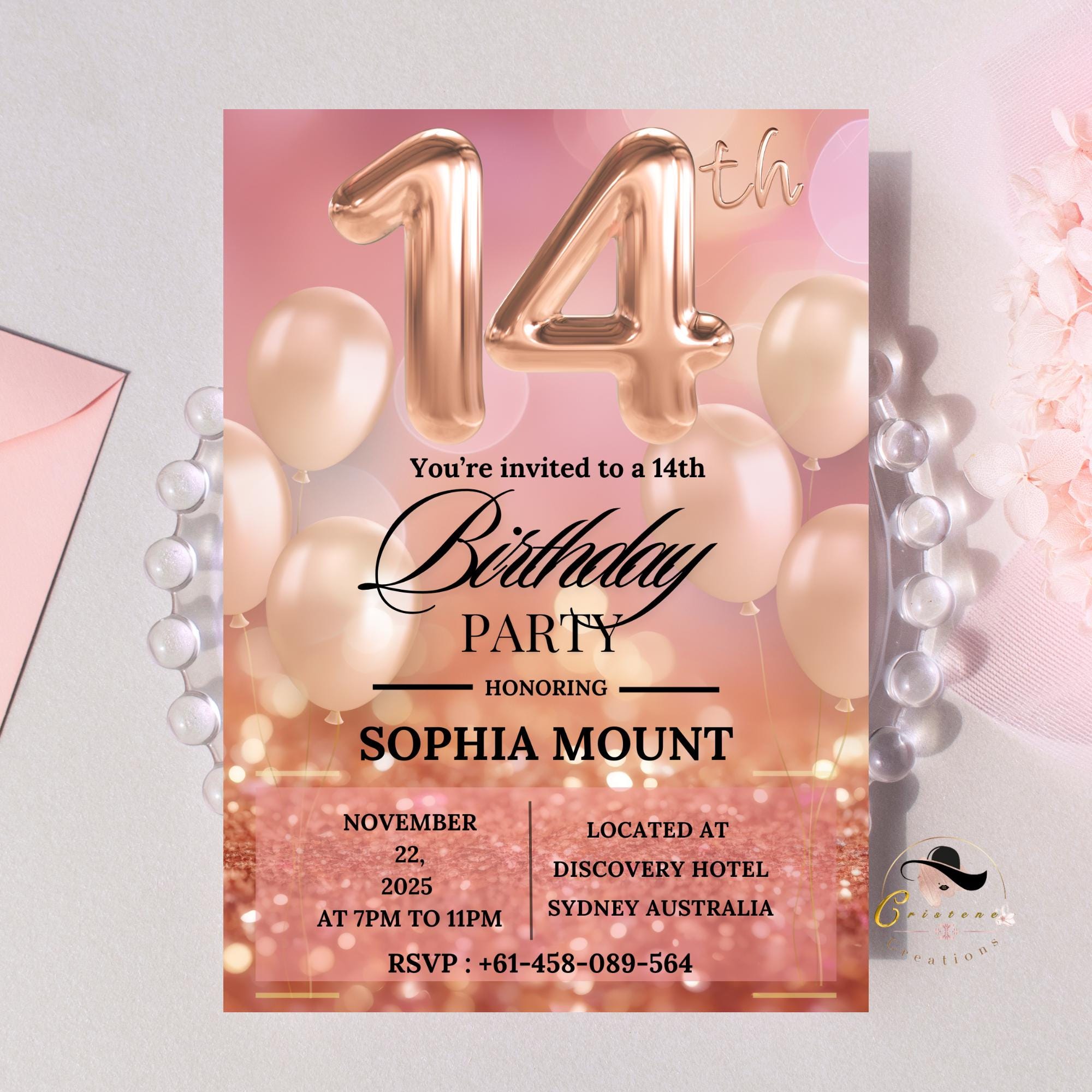 Rose gold 14th Birthday Invitation Card, Printable and Digital Fourteen Birthday Dinner Party, Editable Pink Template for Teenager Girl