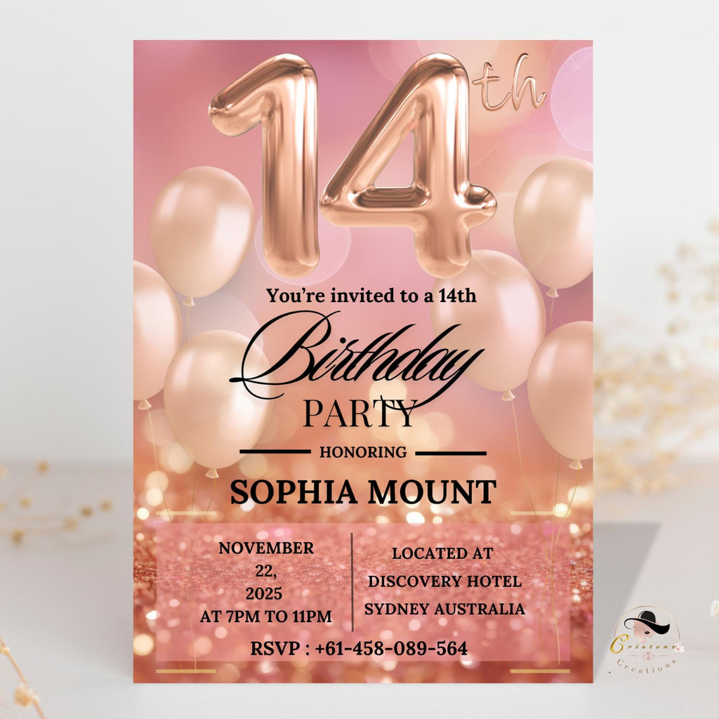 Rose gold 14th Birthday Invitation Card, Printable and Digital Fourteen Birthday Dinner Party, Editable Pink Template for Teenager Girl