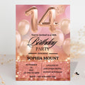 Rose gold 14th Birthday Invitation Card, Printable and Digital Fourteen Birthday Dinner Party, Editable Pink Template for Teenager Girl