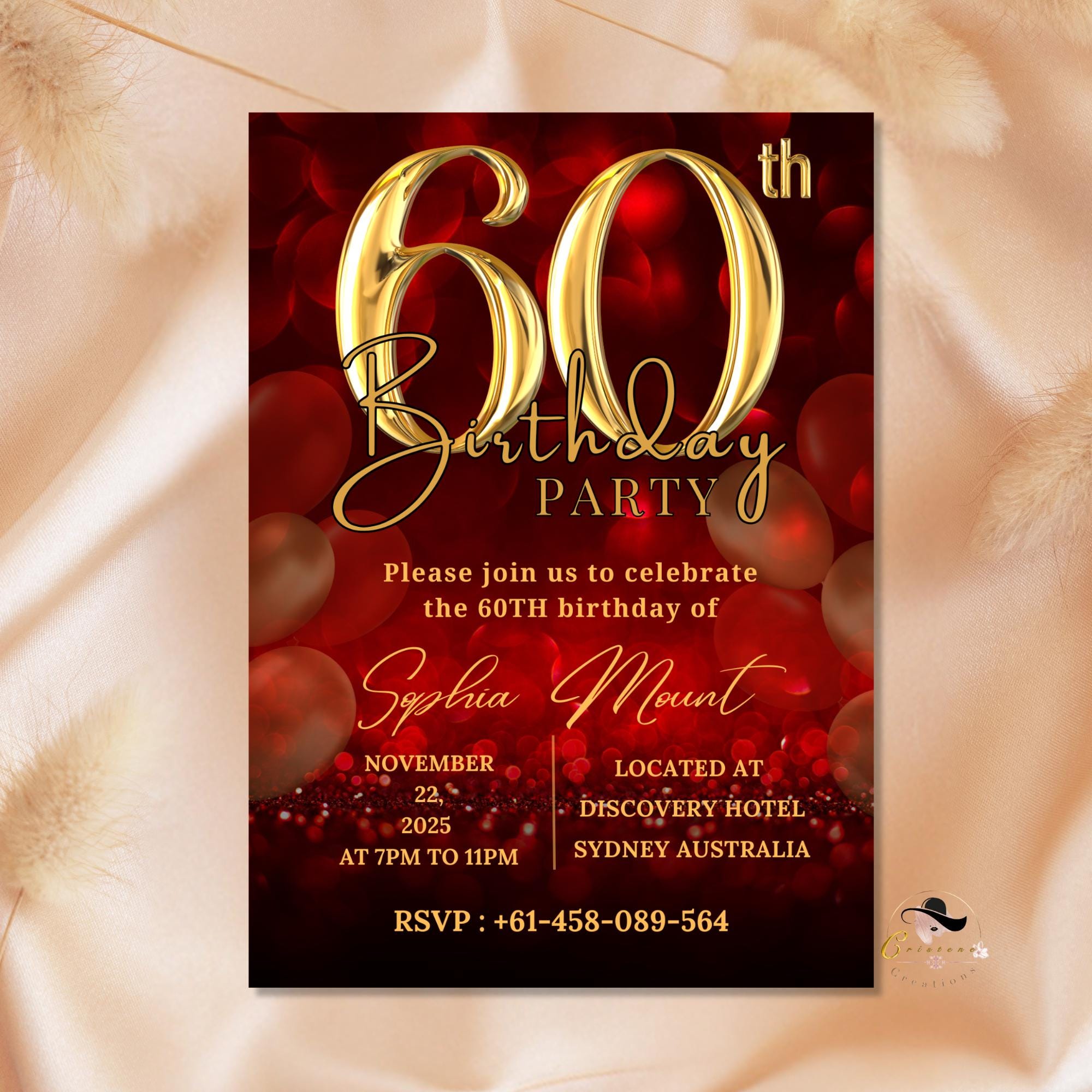 60th Birthday Invitation Digital Template, Editable Elegant Red Gold Printable Party Invites for Women, Sixty Birthday Card for 60 Year Old