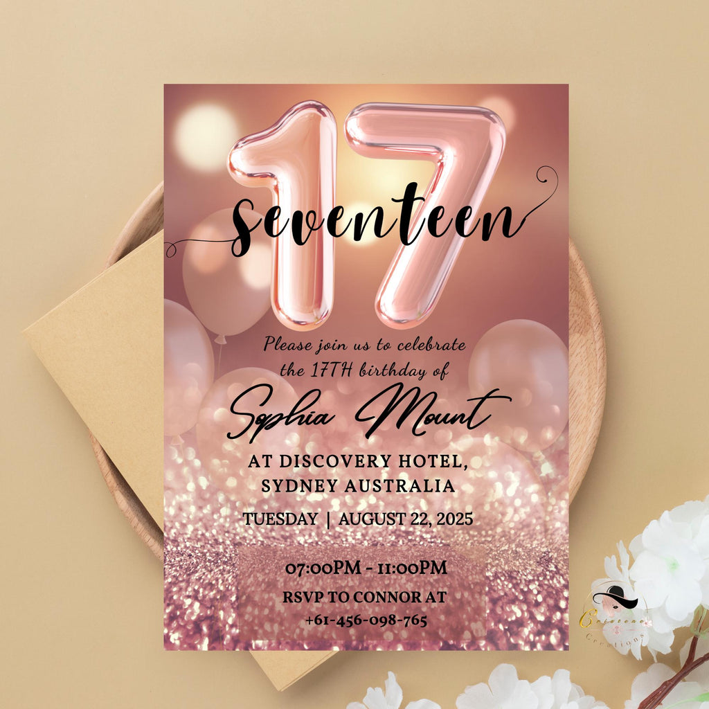 17th Birthday Invitation Card, Seventeen Girl Party Invite, Digital Rose Gold Template, Printable Pink 17th Card for Granddaughter and Niece