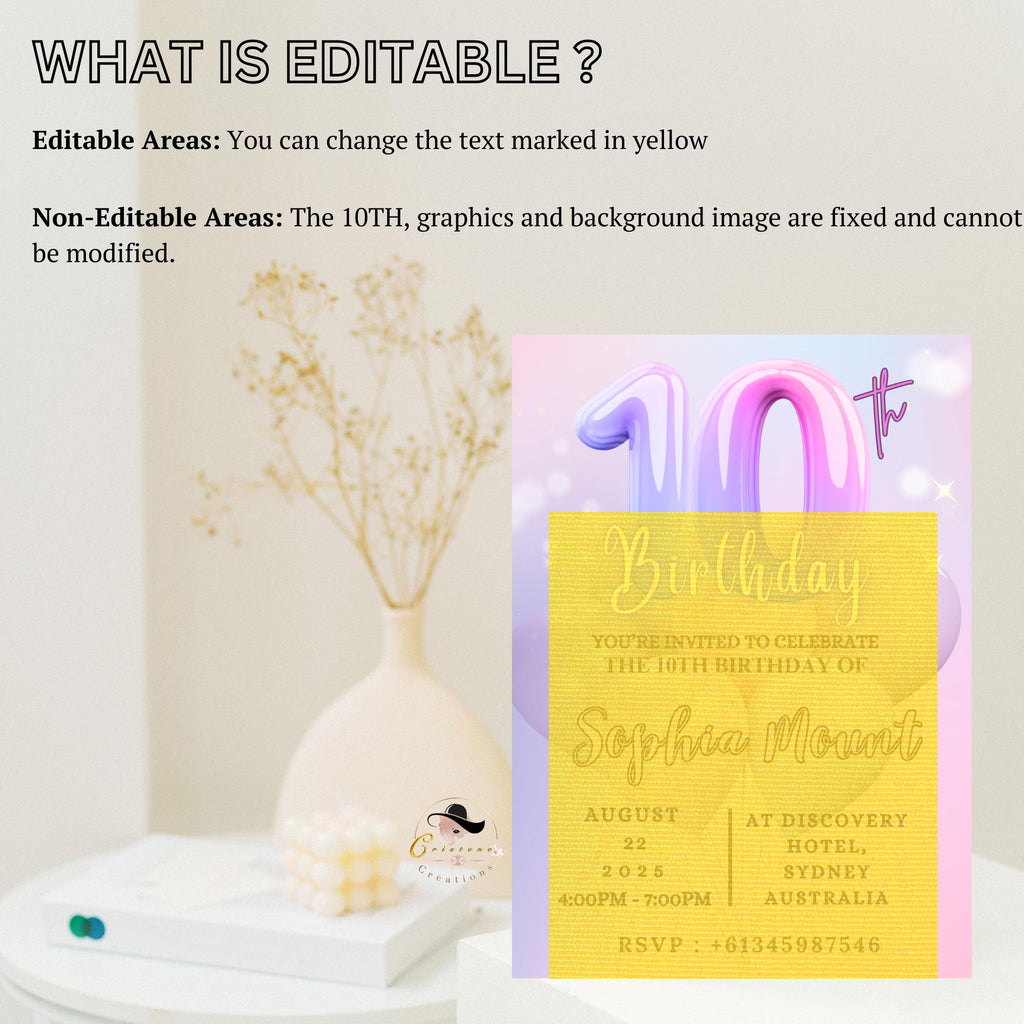 Digital 10th Birthday Invitation Pink Purple 10th Birthday Dinner invite, Tenth Birthday party card Printable Double Digit Editable Template