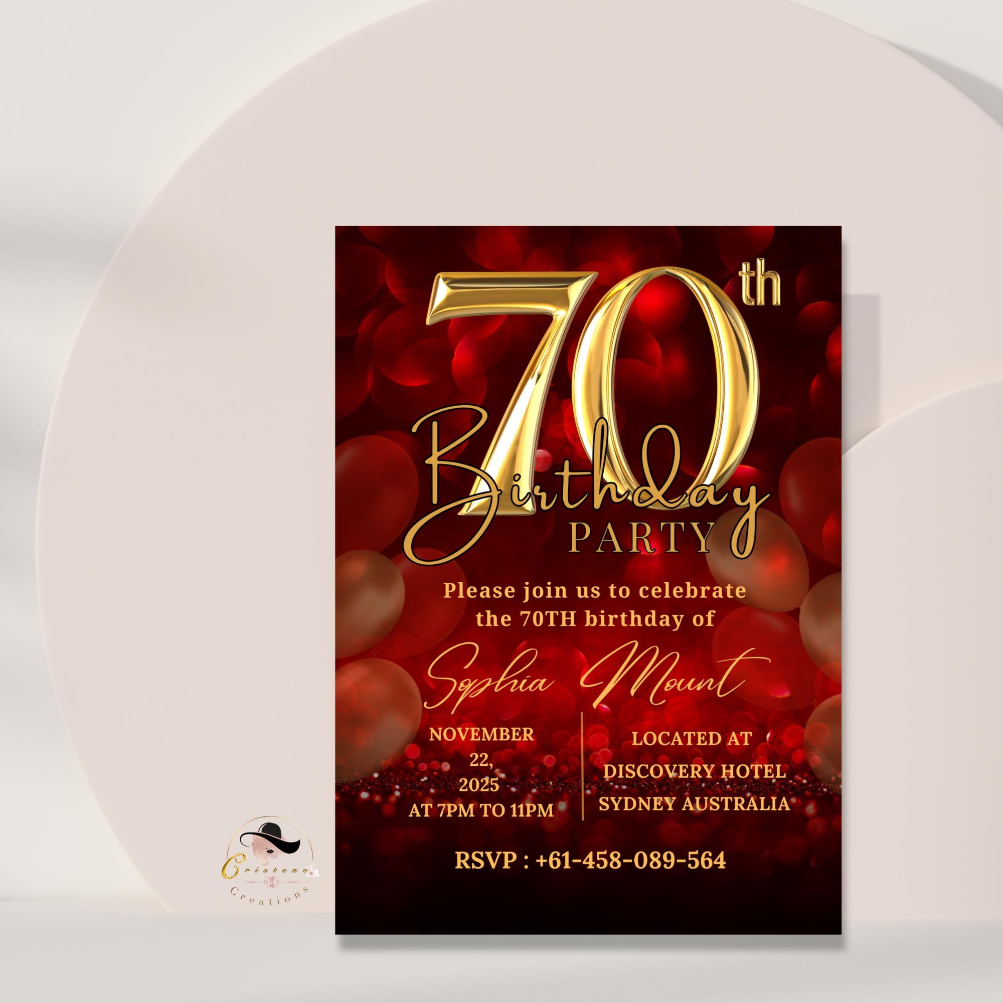 70th Birthday Invitation Templates, Red Gold 70th Birthday Card, Printable Party Invite, Elegant Digital Design for Seventy Year Old Woman