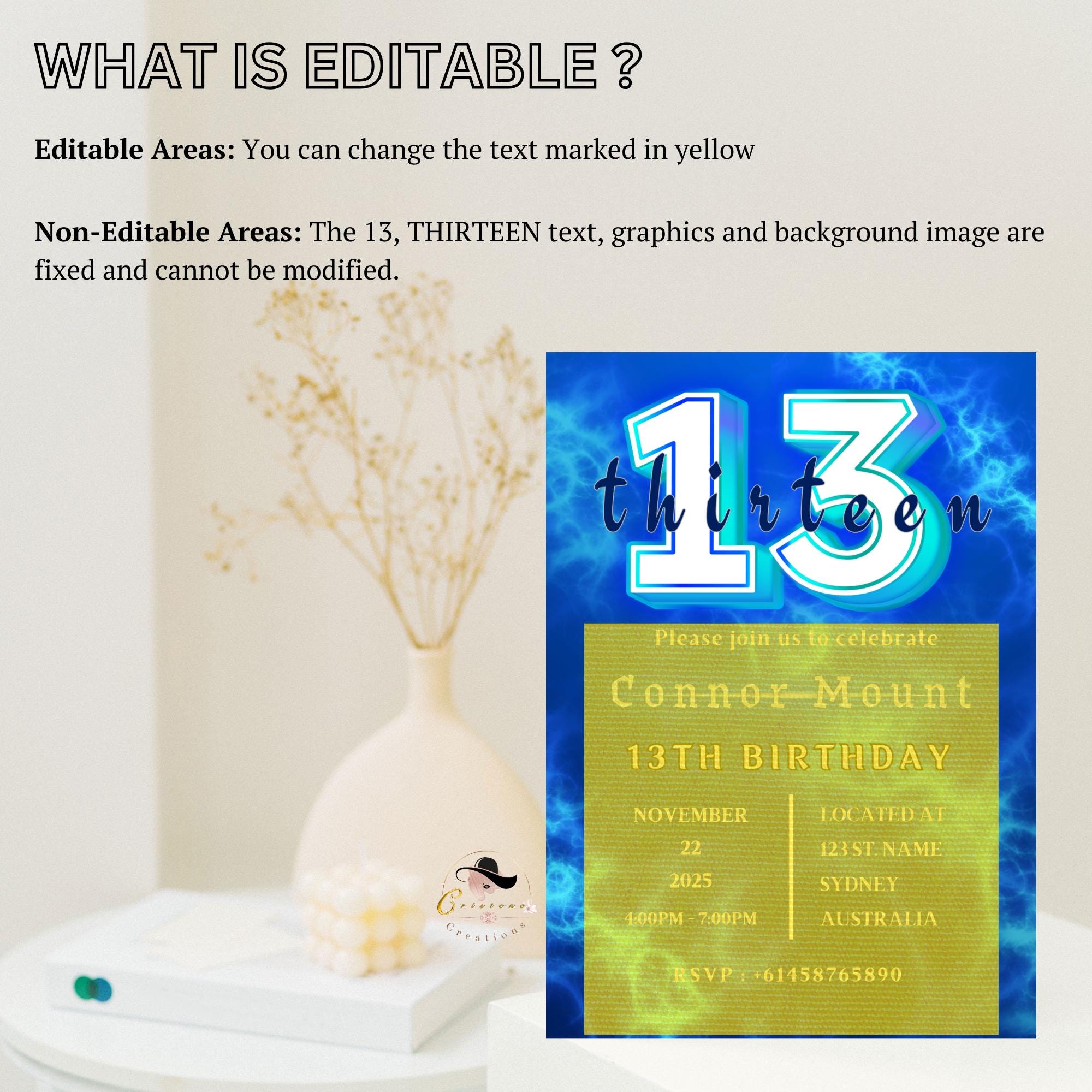 Blue 13th Birthday Boy Invite, Digital Thirteen Birthday Party Teen Boy Invitation, 13th Official Teenager Printable Card, Instant Download