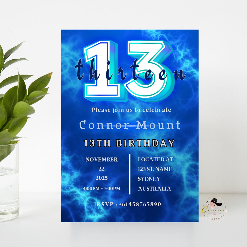 Blue 13th Birthday Boy Invite, Digital Thirteen Birthday Party Teen Boy Invitation, 13th Official Teenager Printable Card, Instant Download