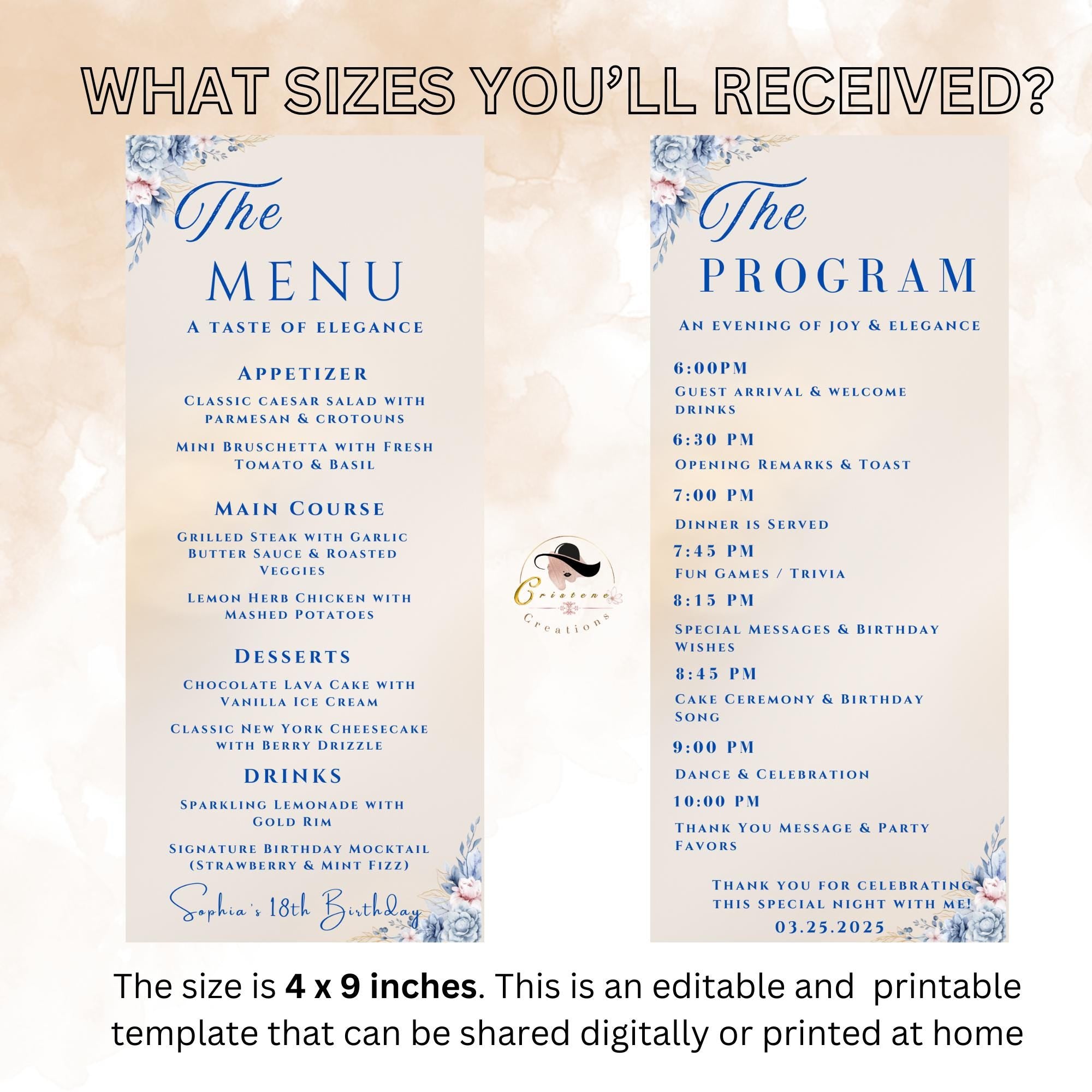 Editable Menu and Program Template, Birthday Dinner Menu cards, Retirement Party Program, Anniversary Menu, Printable Brunch Party Menu