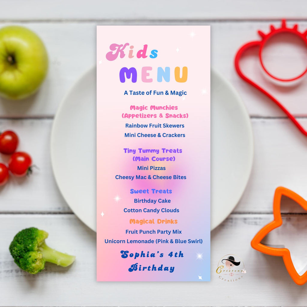Editable Kids Birthday Menu, Baby shower Menu, Nursery Rainbow, Kids lunch communion Menu, Dinner Kids Party Menu Design, Printable Menu