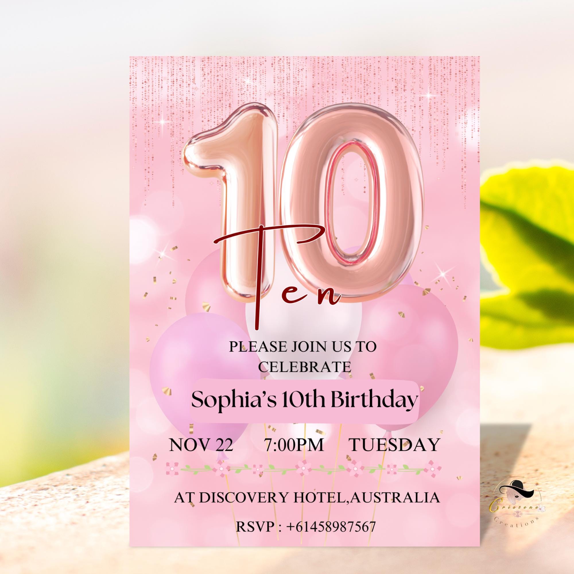 10th Birthday Invitations for girls, Pink Ten birthday Party Card Invite for 10 year old daughter, Digital and Printable, Instant download