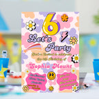 6th Birthday Invitations Card Template, Girl Digital Party Invite, Printable Flower Theme in Pink Purple, Sweet Six Birthday for 6 Years Old