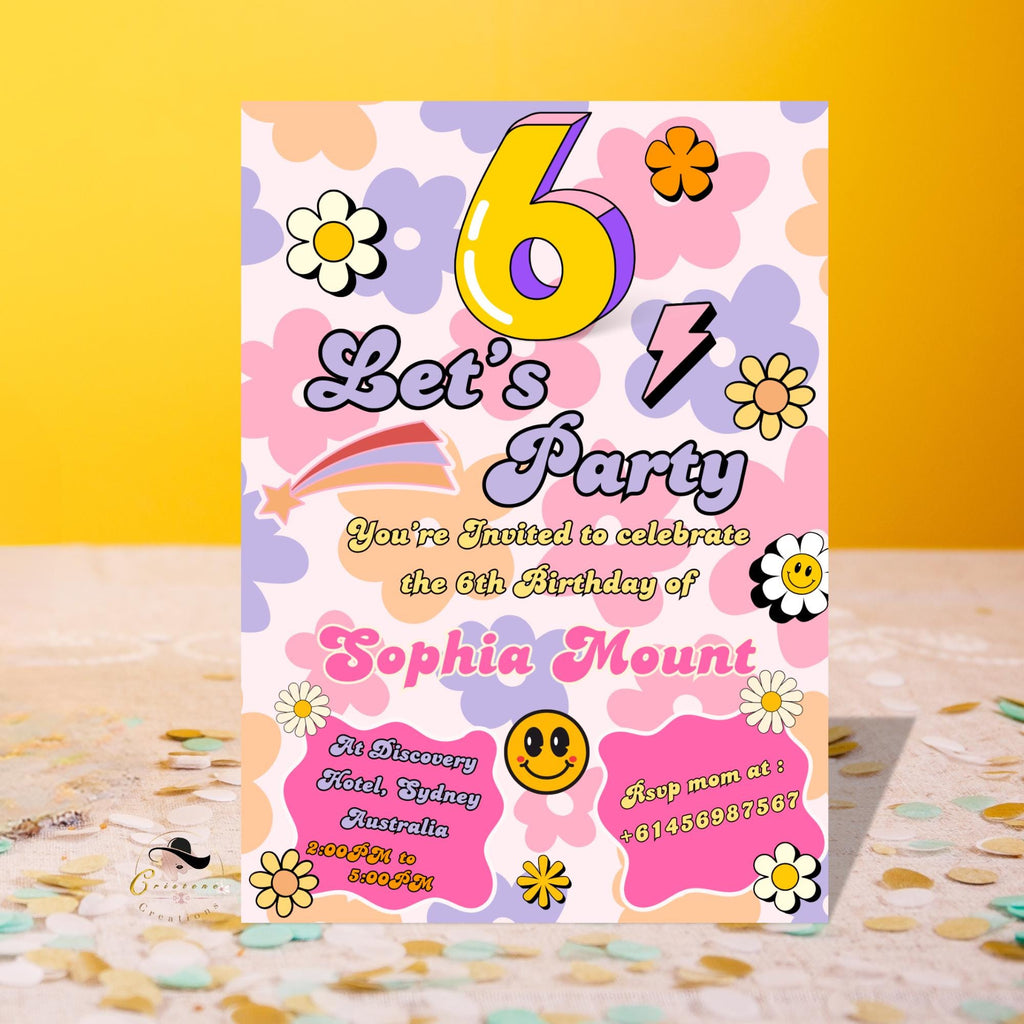 6th Birthday Invitations Card Template, Girl Digital Party Invite, Printable Flower Theme in Pink Purple, Sweet Six Birthday for 6 Years Old