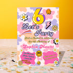 6th Birthday Invitations Card Template, Girl Digital Party Invite, Printable Flower Theme in Pink Purple, Sweet Six Birthday for 6 Years Old