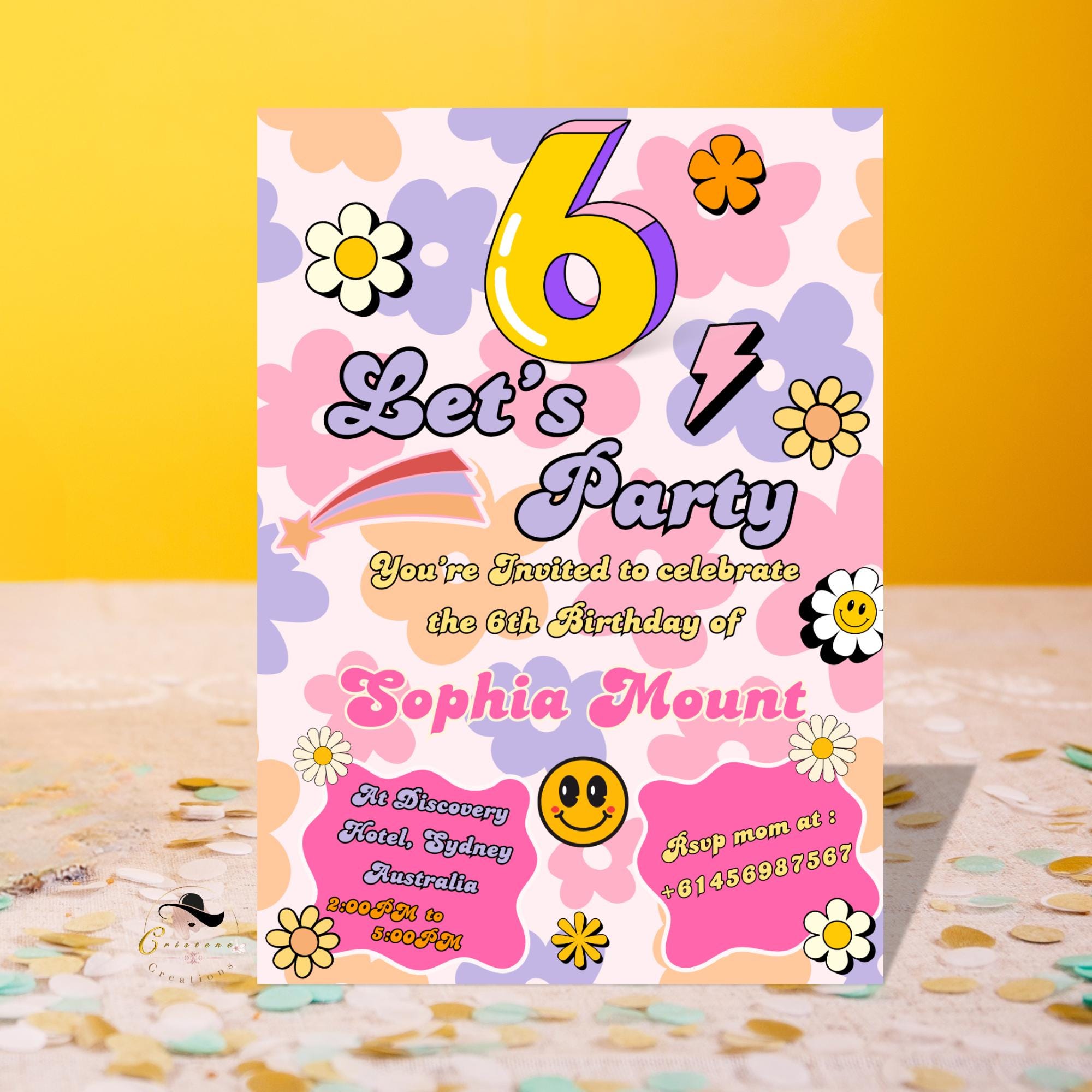 6th Birthday Invitations Card Template, Girl Digital Party Invite, Printable Flower Theme in Pink Purple, Sweet Six Birthday for 6 Years Old