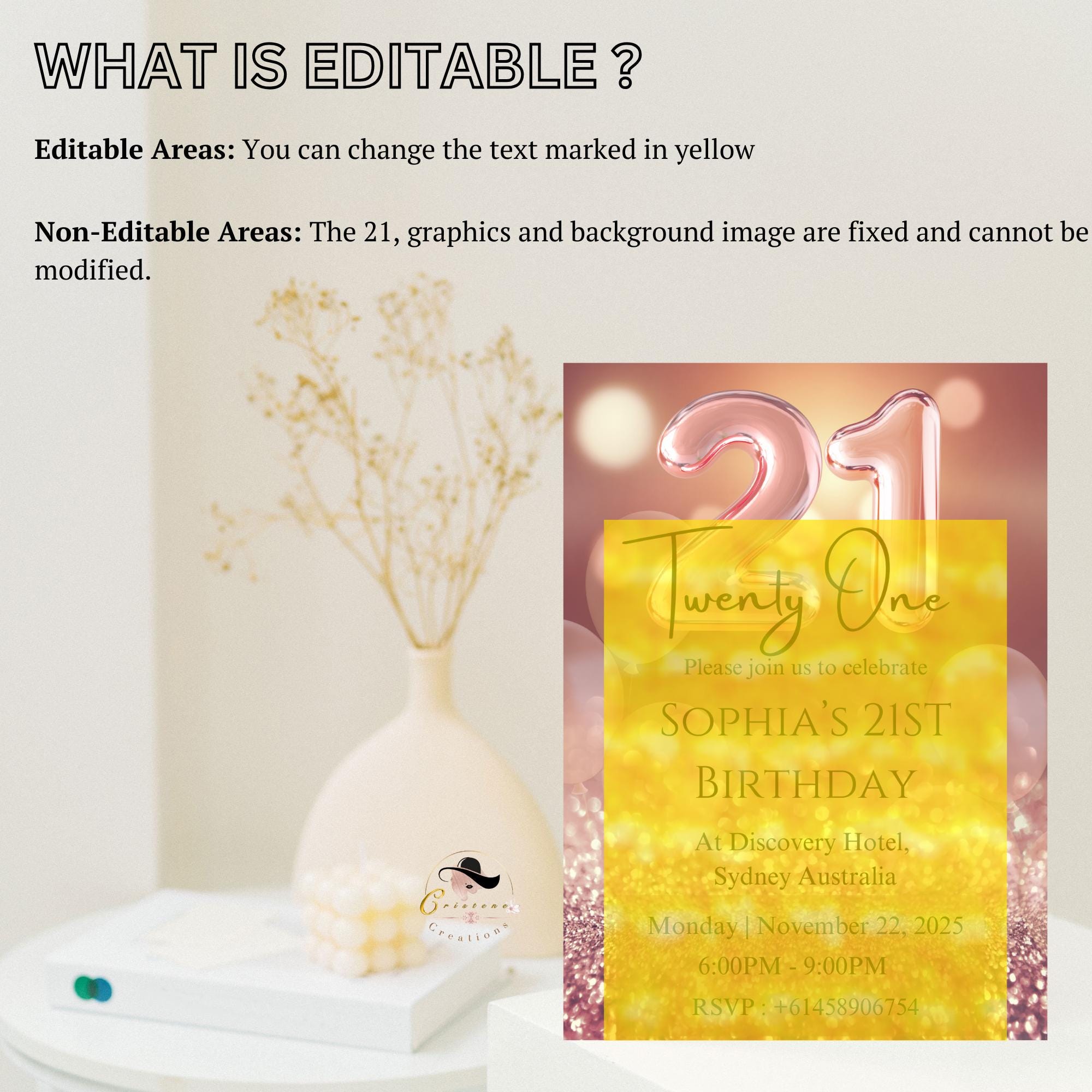 Rose Gold 21st Birthday Invitation girl, Pink Twenty One Birthday Party Template, Digital Printable Card Invite for her 21 Year Old Daughter