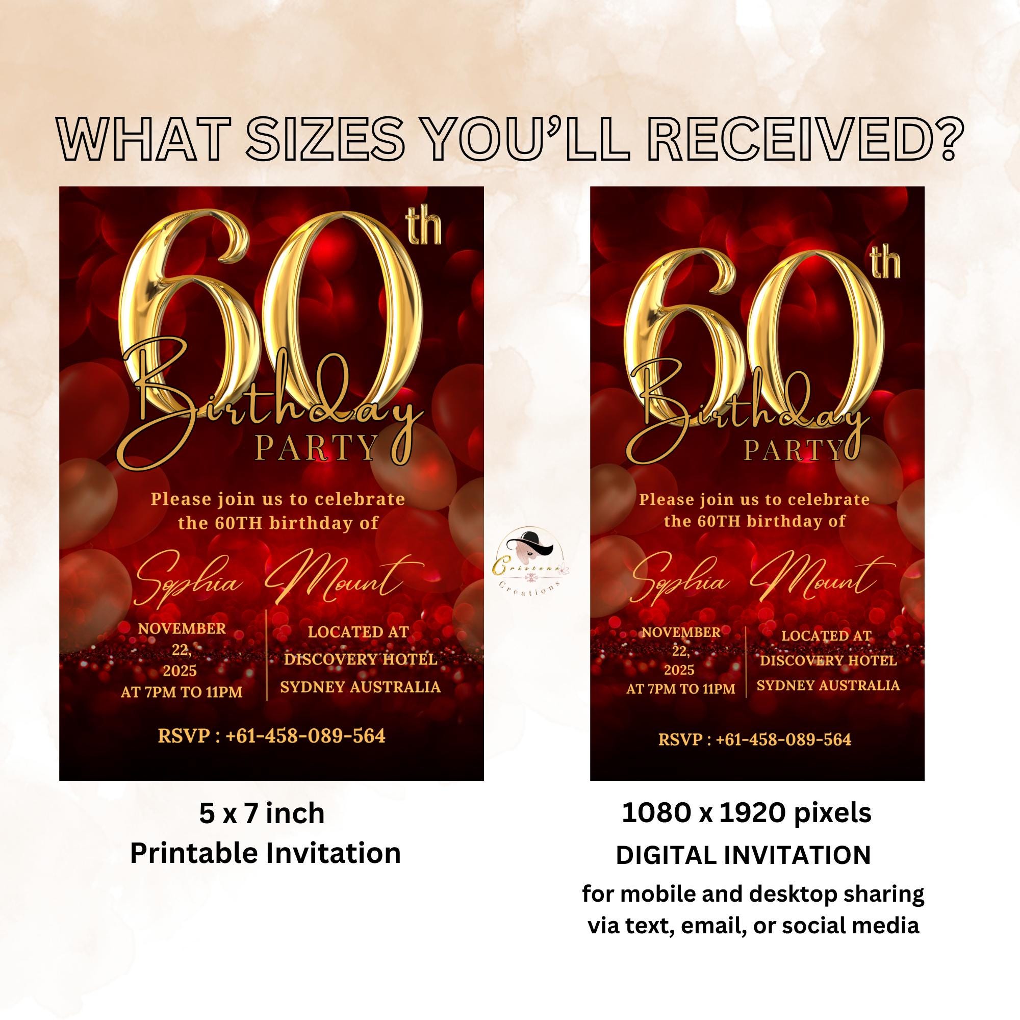 60th Birthday Invitation Digital Template, Editable Elegant Red Gold Printable Party Invites for Women, Sixty Birthday Card for 60 Year Old