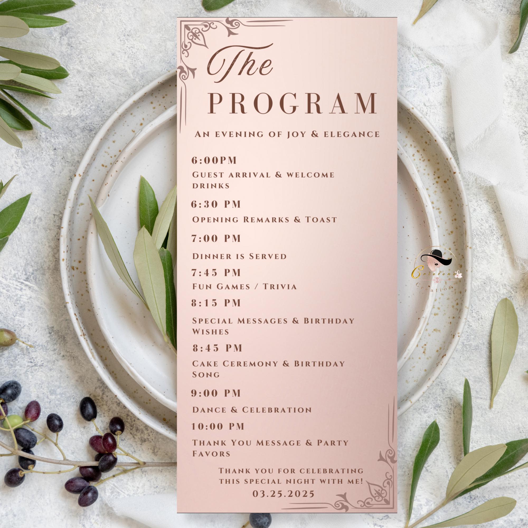 Rose Gold Menu Card and Program Template, Birthday Menu Pink, Wedding Menu Printable Dinner Food Menu Lunch, Editable Baby Shower Program