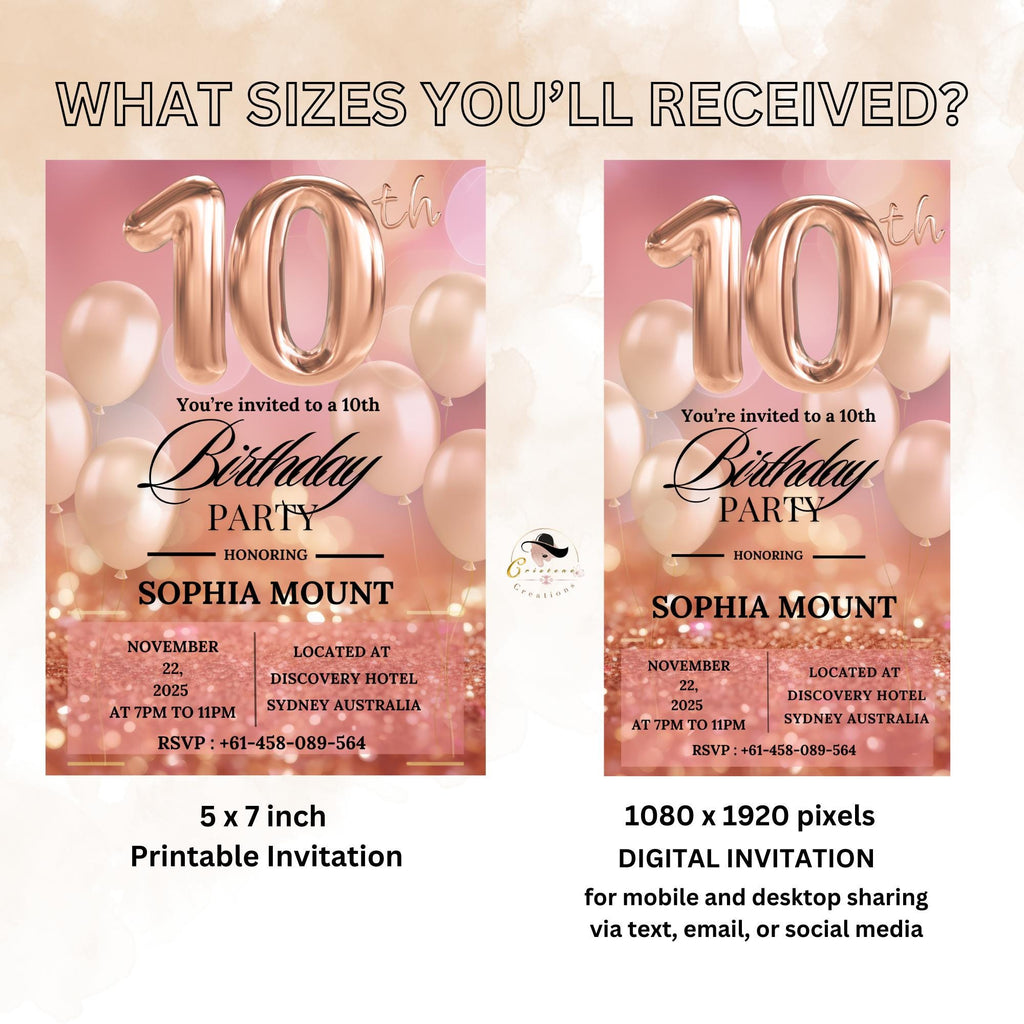 Rose Gold 10th Birthday Party Invitations, 10th Birthday Pink Digital Invite, Printable Tenth Birthday Card for 10 year old Girl Daughter