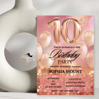Rose Gold 10th Birthday Party Invitations, 10th Birthday Pink Digital Invite, Printable Tenth Birthday Card for 10 year old Girl Daughter