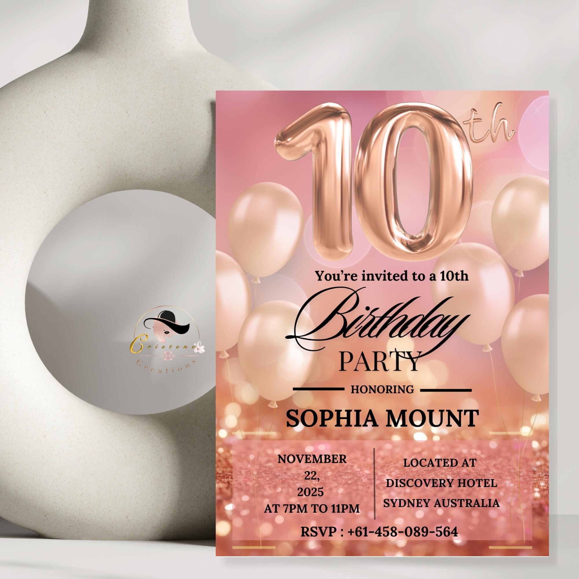 Rose Gold 10th Birthday Party Invitations, 10th Birthday Pink Digital Invite, Printable Tenth Birthday Card for 10 year old Girl Daughter