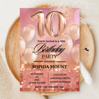Rose Gold 10th Birthday Party Invitations, 10th Birthday Pink Digital Invite, Printable Tenth Birthday Card for 10 year old Girl Daughter