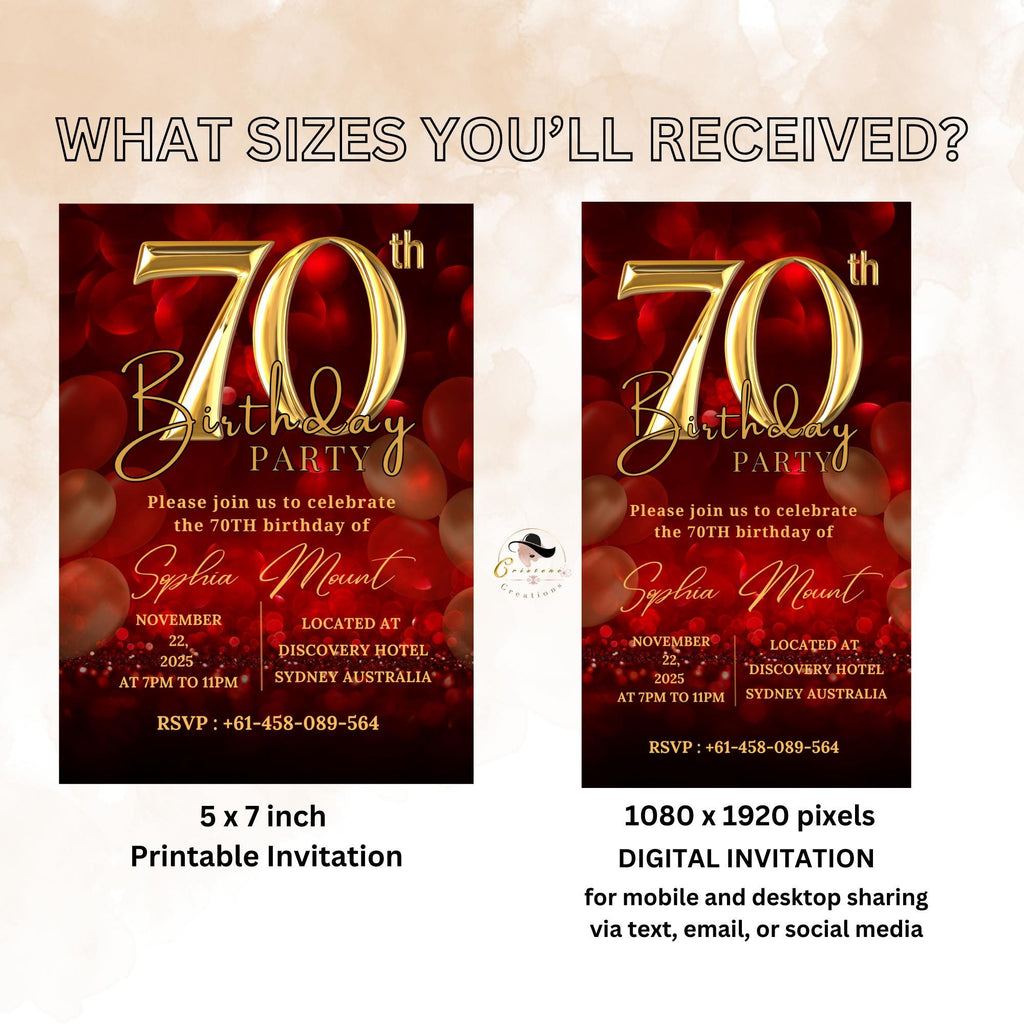 70th Birthday Invitation Templates, Red Gold 70th Birthday Card, Printable Party Invite, Elegant Digital Design for Seventy Year Old Woman