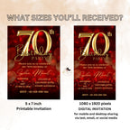 70th Birthday Invitation Templates, Red Gold 70th Birthday Card, Printable Party Invite, Elegant Digital Design for Seventy Year Old Woman
