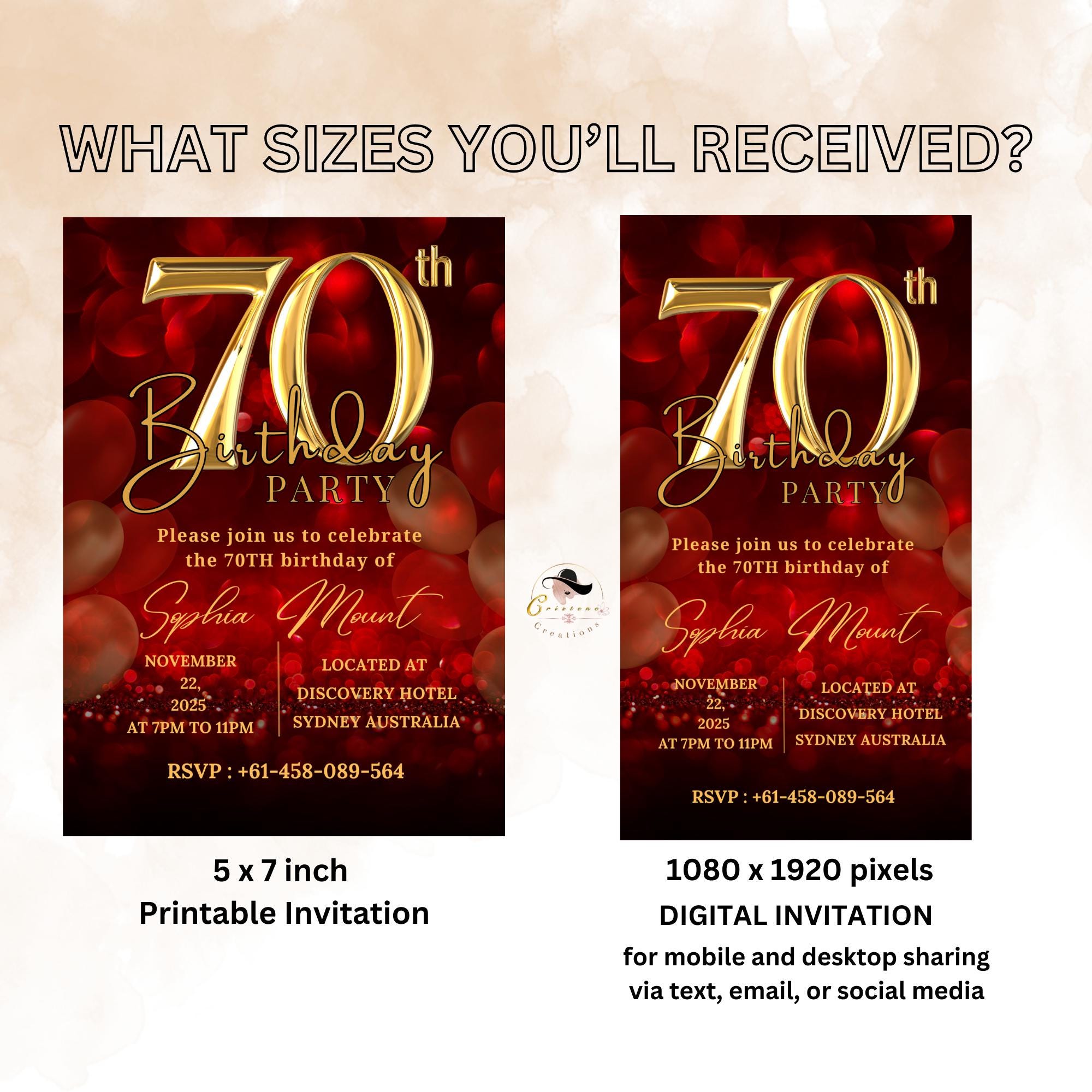 70th Birthday Invitation Templates, Red Gold 70th Birthday Card, Printable Party Invite, Elegant Digital Design for Seventy Year Old Woman