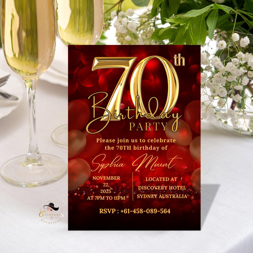 70th Birthday Invitation Templates, Red Gold 70th Birthday Card, Printable Party Invite, Elegant Digital Design for Seventy Year Old Woman