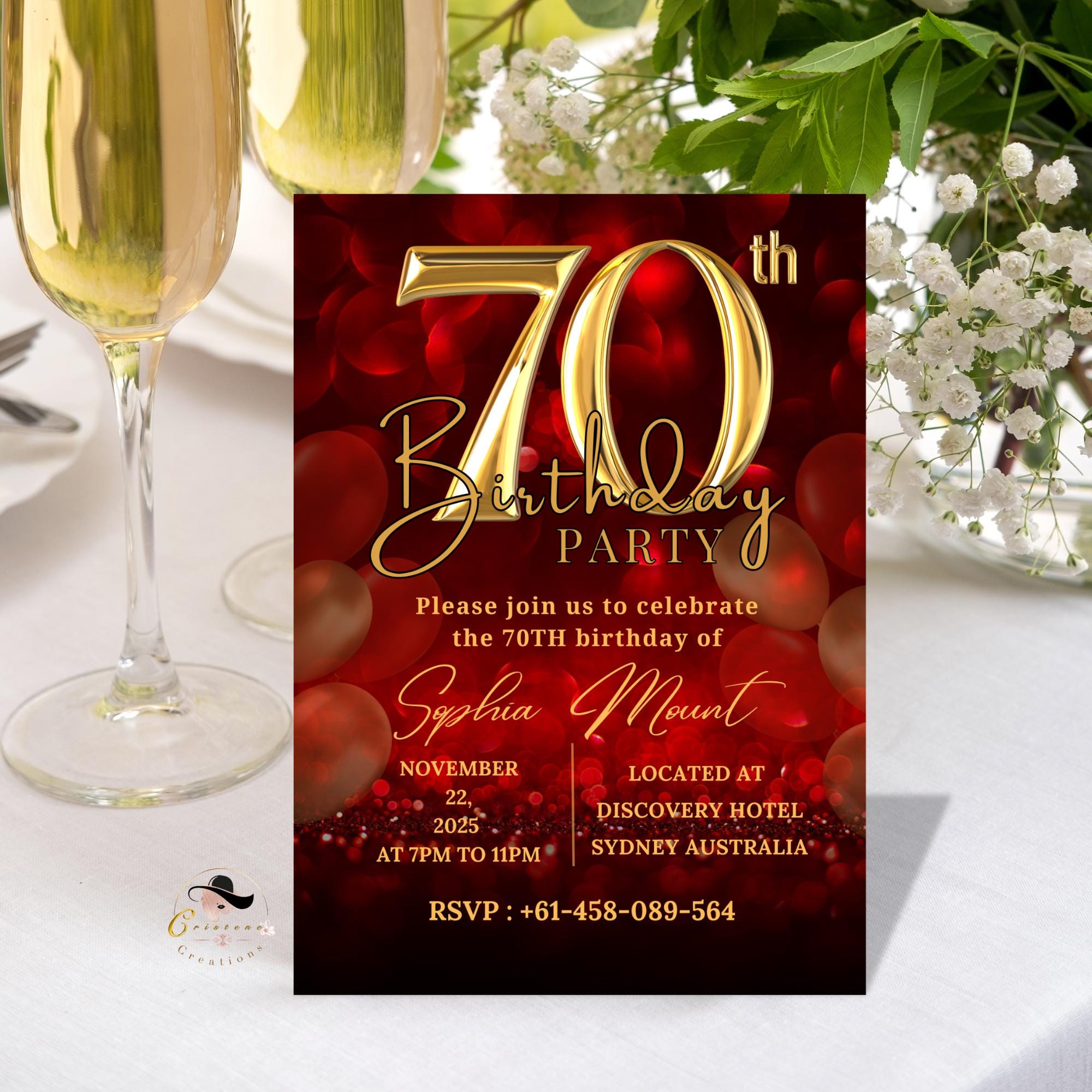 70th Birthday Invitation Templates, Red Gold 70th Birthday Card, Printable Party Invite, Elegant Digital Design for Seventy Year Old Woman