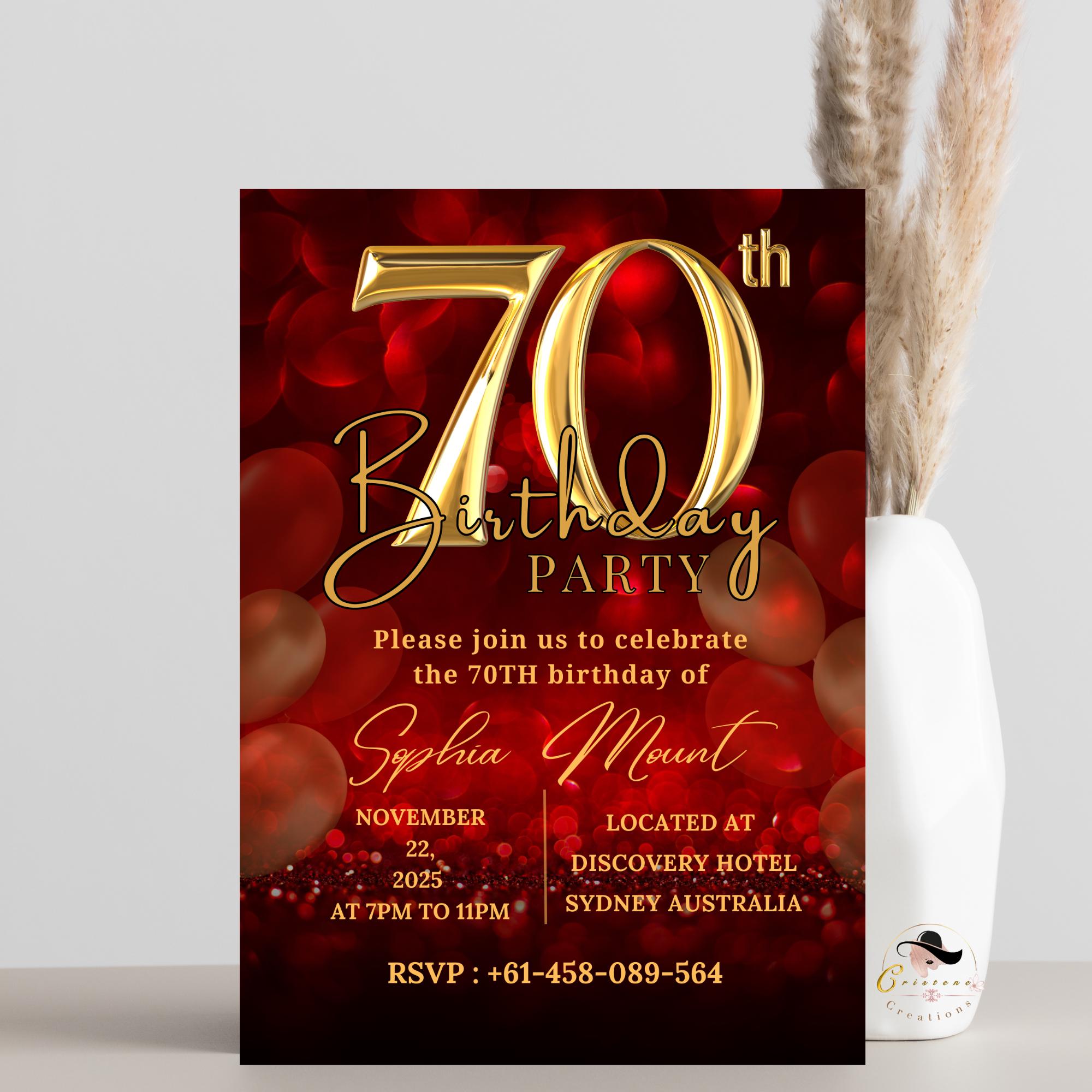 70th Birthday Invitation Templates, Red Gold 70th Birthday Card, Printable Party Invite, Elegant Digital Design for Seventy Year Old Woman