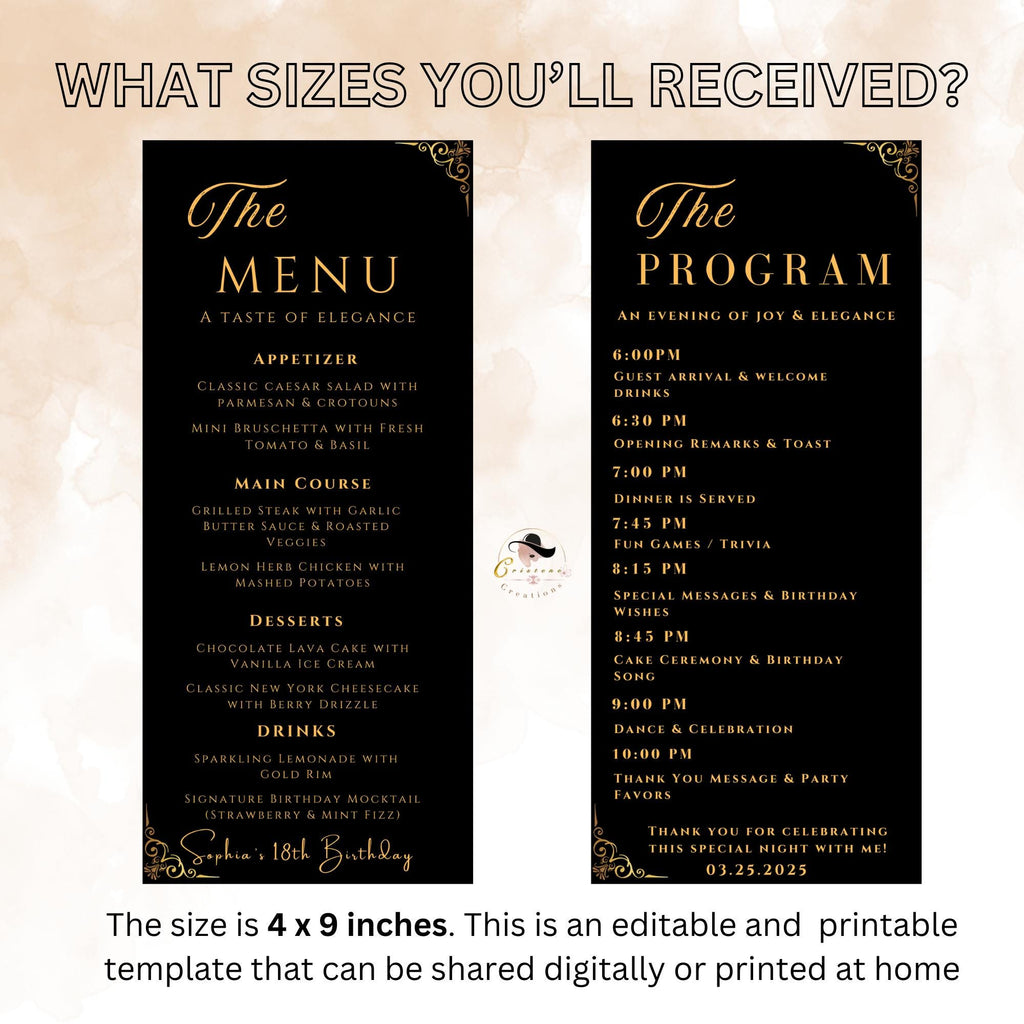 Editable Menu and Program Template, Wedding Menu, Birthday Party Menu, Black Gold Dinner Lunch Menu Cards, Printable Digital Canva Template