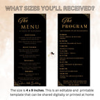 Editable Menu and Program Template, Wedding Menu, Birthday Party Menu, Black Gold Dinner Lunch Menu Cards, Printable Digital Canva Template