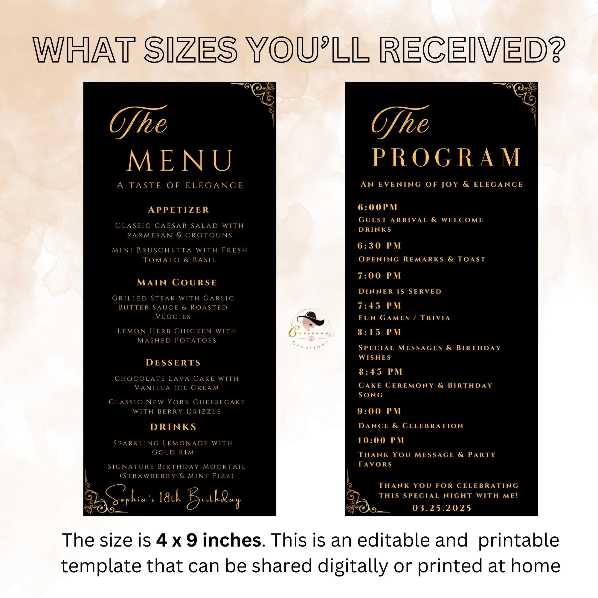 Editable Menu and Program Template, Wedding Menu, Birthday Party Menu, Black Gold Dinner Lunch Menu Cards, Printable Digital Canva Template