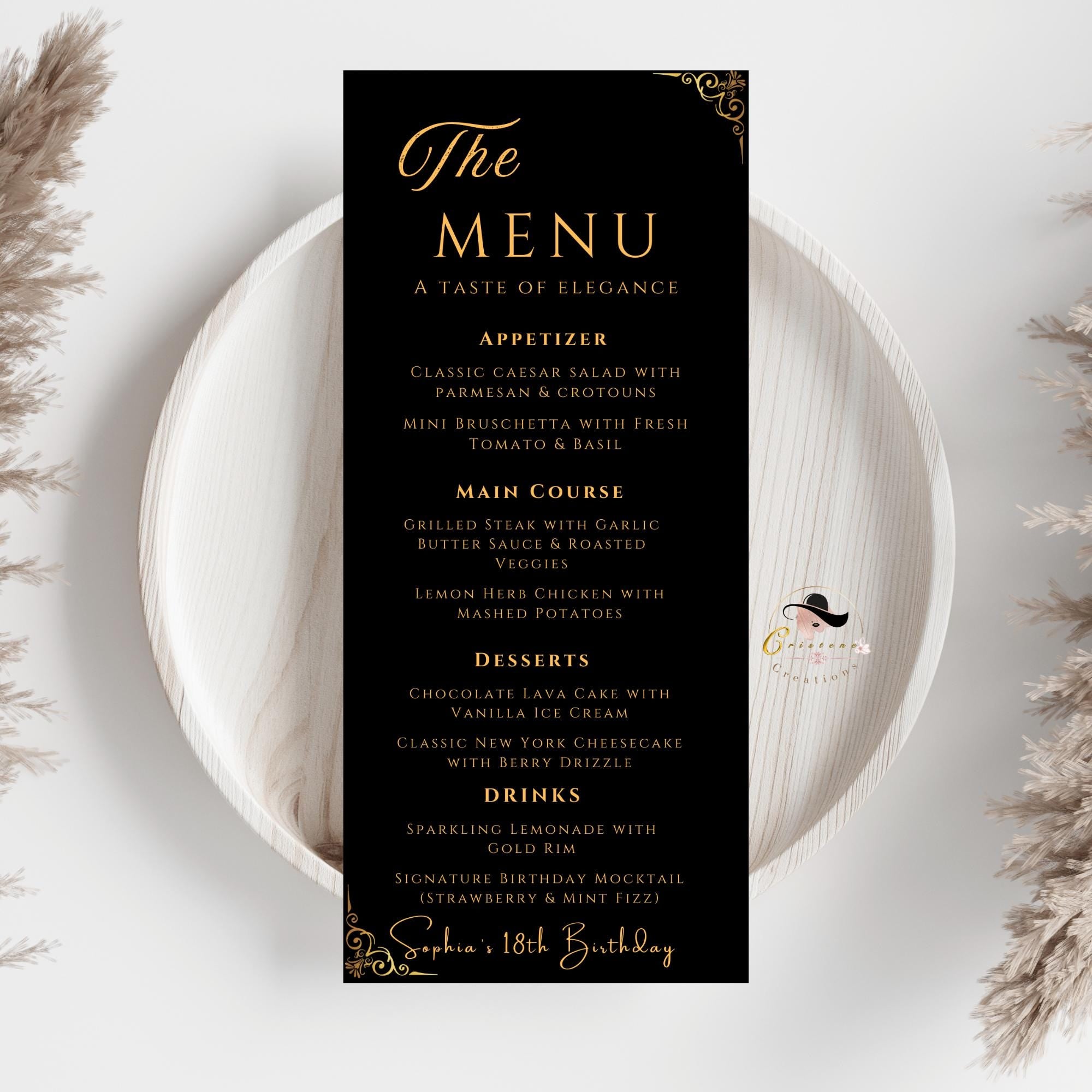 Editable Menu and Program Template, Wedding Menu, Birthday Party Menu, Black Gold Dinner Lunch Menu Cards, Printable Digital Canva Template