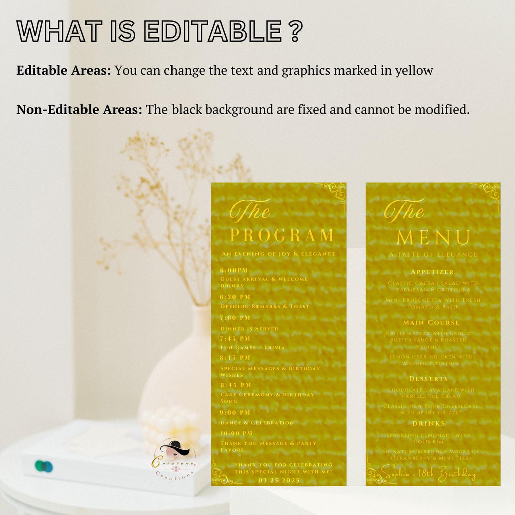 Editable Menu and Program Template, Wedding Menu, Birthday Party Menu, Black Gold Dinner Lunch Menu Cards, Printable Digital Canva Template