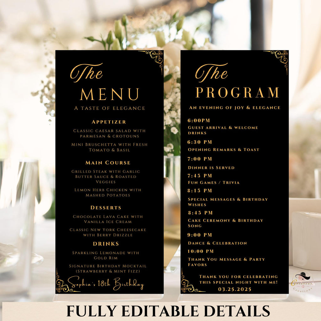Editable Menu and Program Template, Wedding Menu, Birthday Party Menu, Black Gold Dinner Lunch Menu Cards, Printable Digital Canva Template