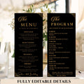 Editable Menu and Program Template, Wedding Menu, Birthday Party Menu, Black Gold Dinner Lunch Menu Cards, Printable Digital Canva Template