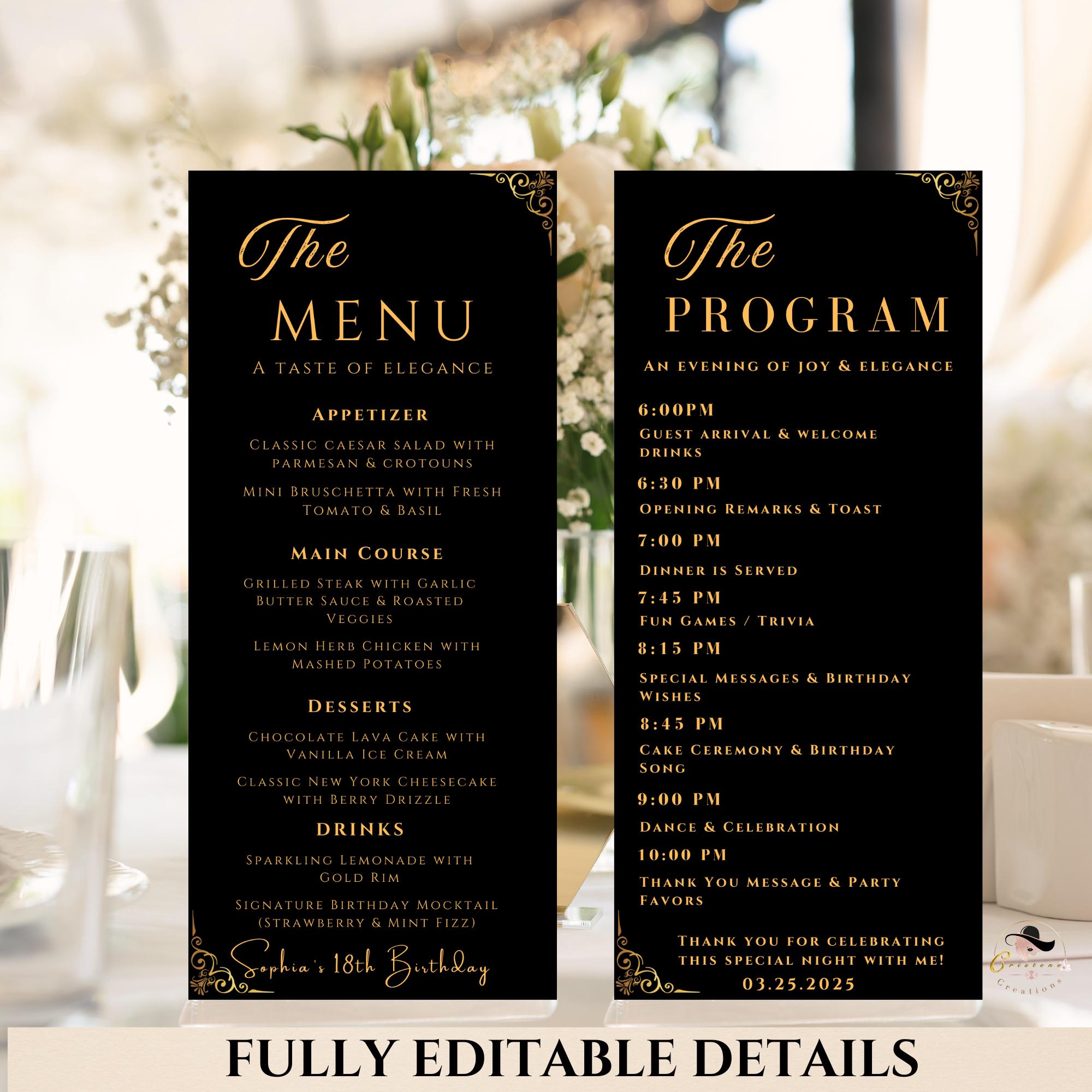 Editable Menu and Program Template, Wedding Menu, Birthday Party Menu, Black Gold Dinner Lunch Menu Cards, Printable Digital Canva Template