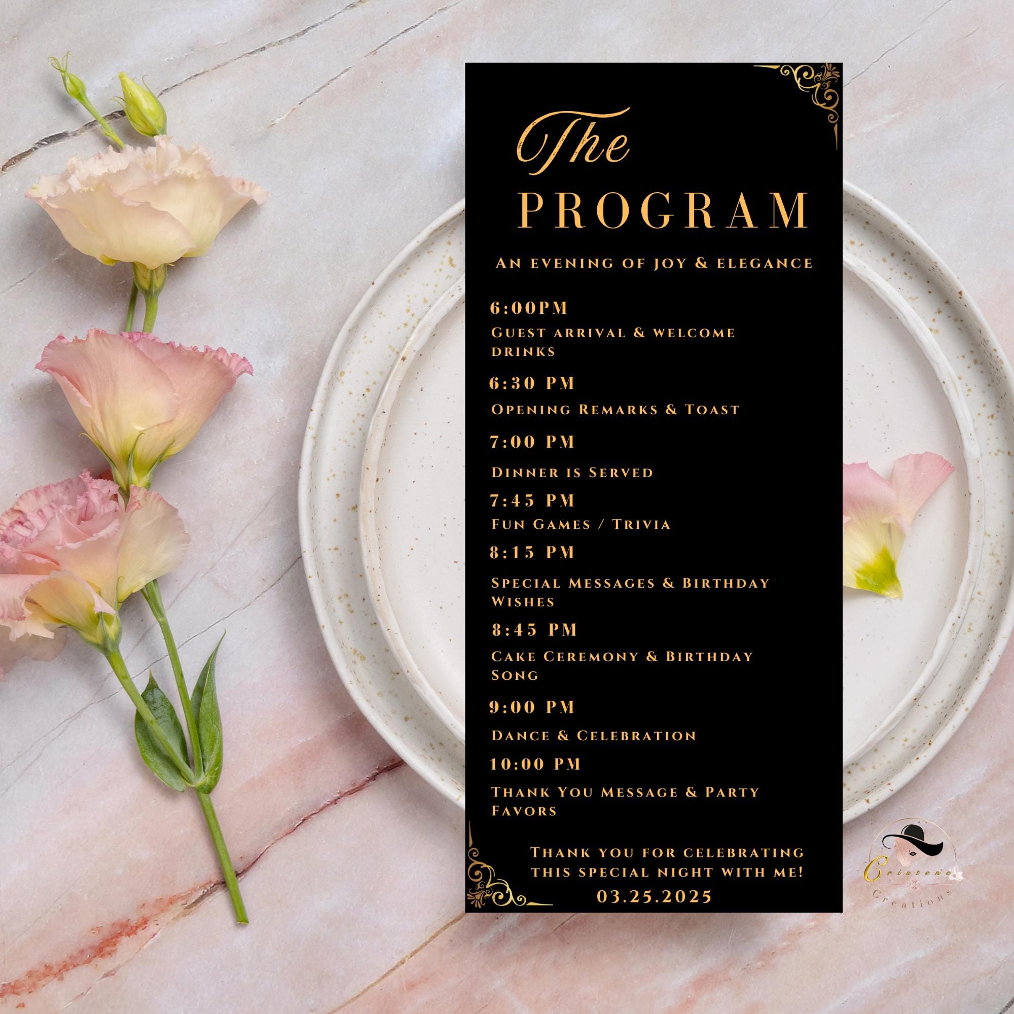 Editable Menu and Program Template, Wedding Menu, Birthday Party Menu, Black Gold Dinner Lunch Menu Cards, Printable Digital Canva Template